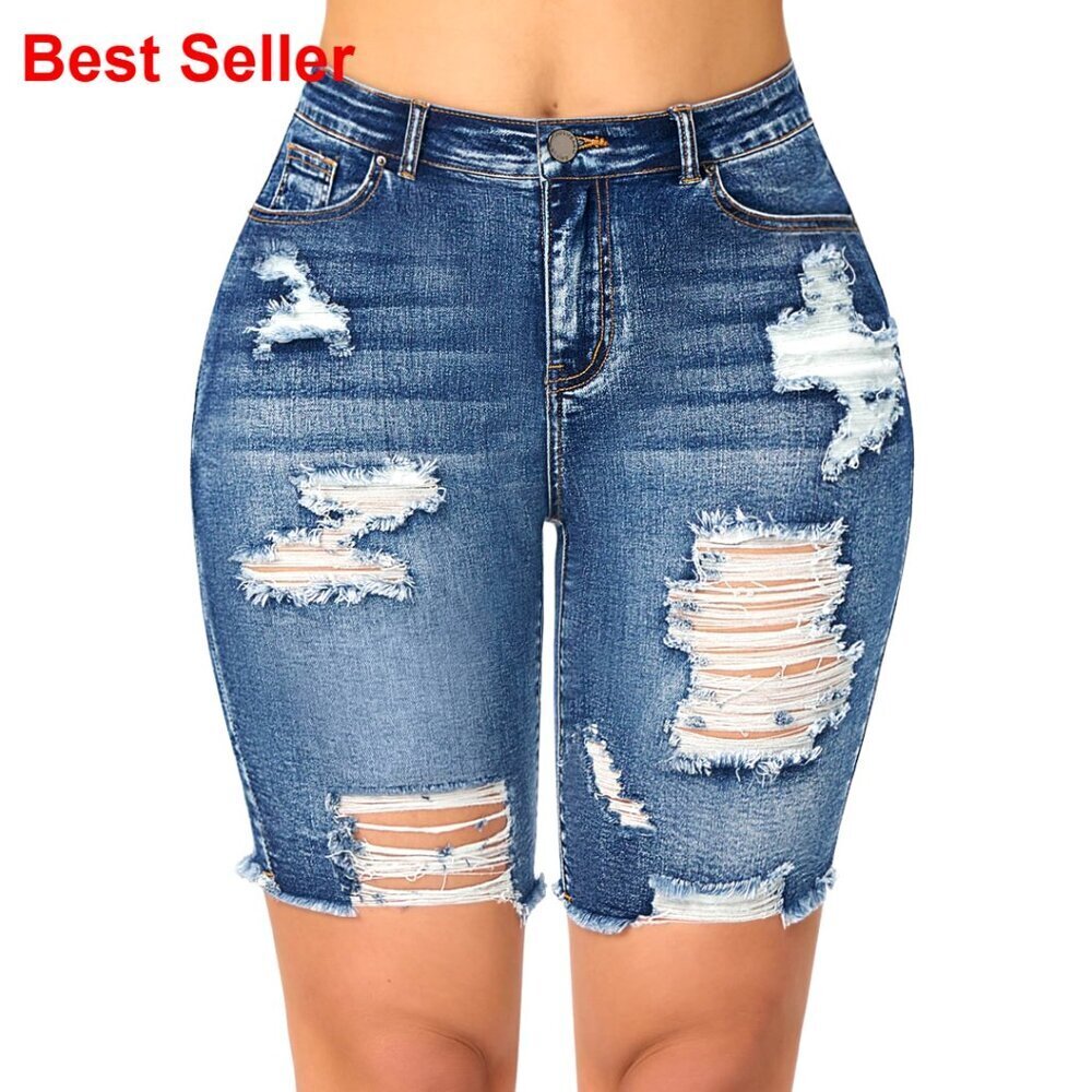 Ripped Bermuda Denim Shorts Stretchy High Waisted Knee Length